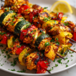 Easy chicken kabobs in the oven served on a white plate with fresh parsley and lemon, golden and juicy with colorful roasted vegetables.