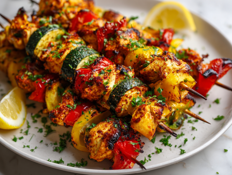 Chicken Kabobs in the Oven: 5 Secrets for Juicy Results 13 Easy chicken kabobs in the oven served on a white plate with fresh parsley and lemon, golden and juicy with colorful roasted vegetables.