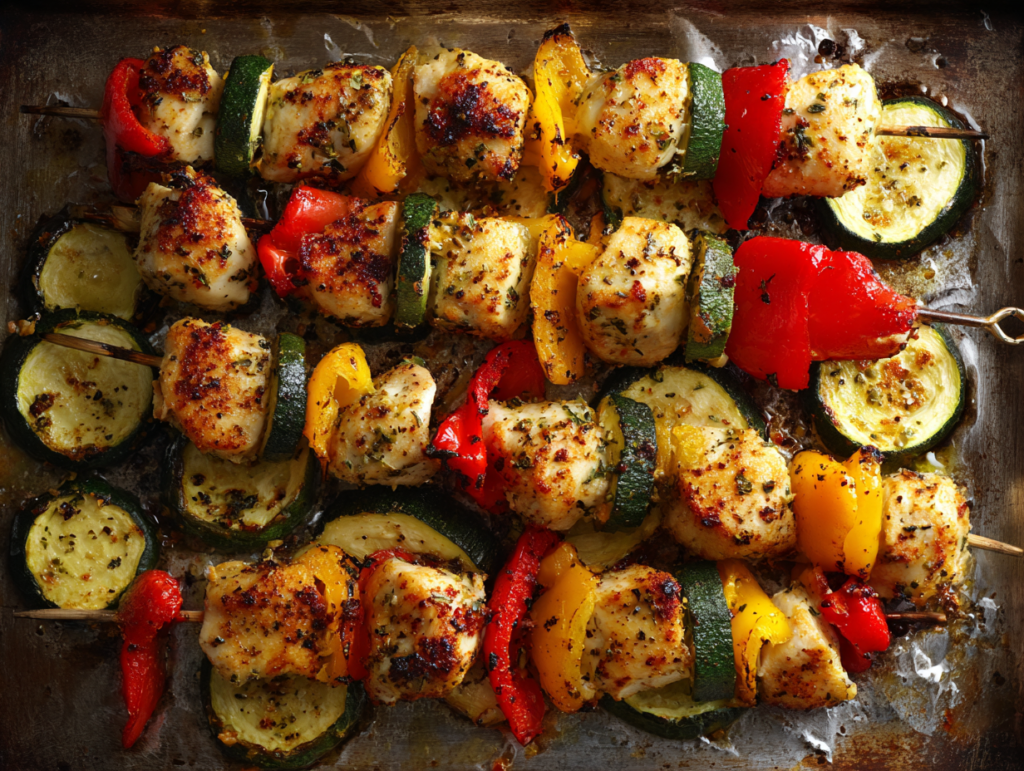 Chicken Kabobs in the Oven: 5 Secrets for Juicy Results 11 Golden chicken kabobs in the oven fresh out of the oven on a baking sheet, with caramelized vegetables and lightly charred edges