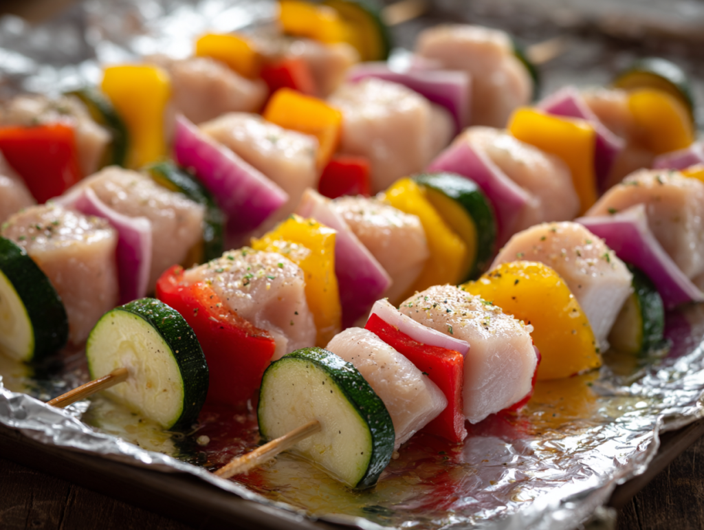 Chicken Kabobs in the Oven: 5 Secrets for Juicy Results 10 Raw chicken kabobs threaded on metal skewers on a foil-lined baking sheet, ready to go into the oven