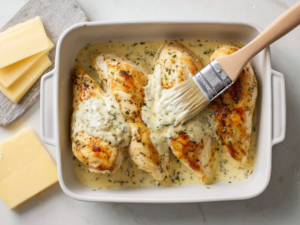 Brushing Mexican ranch sauce over baked Fiesta Lime Chicken breasts in a white baking dish before adding cheese.