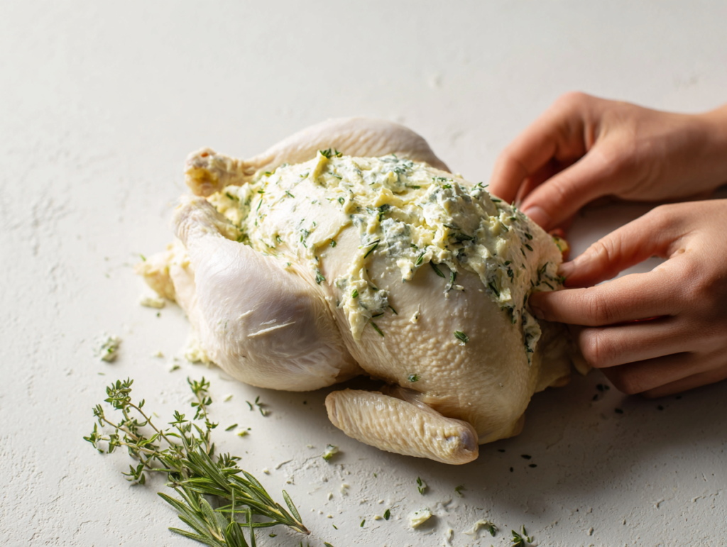 Spreading herb-infused butter under the skin of a whole chicken to ensure a juicy and flavorful roast.