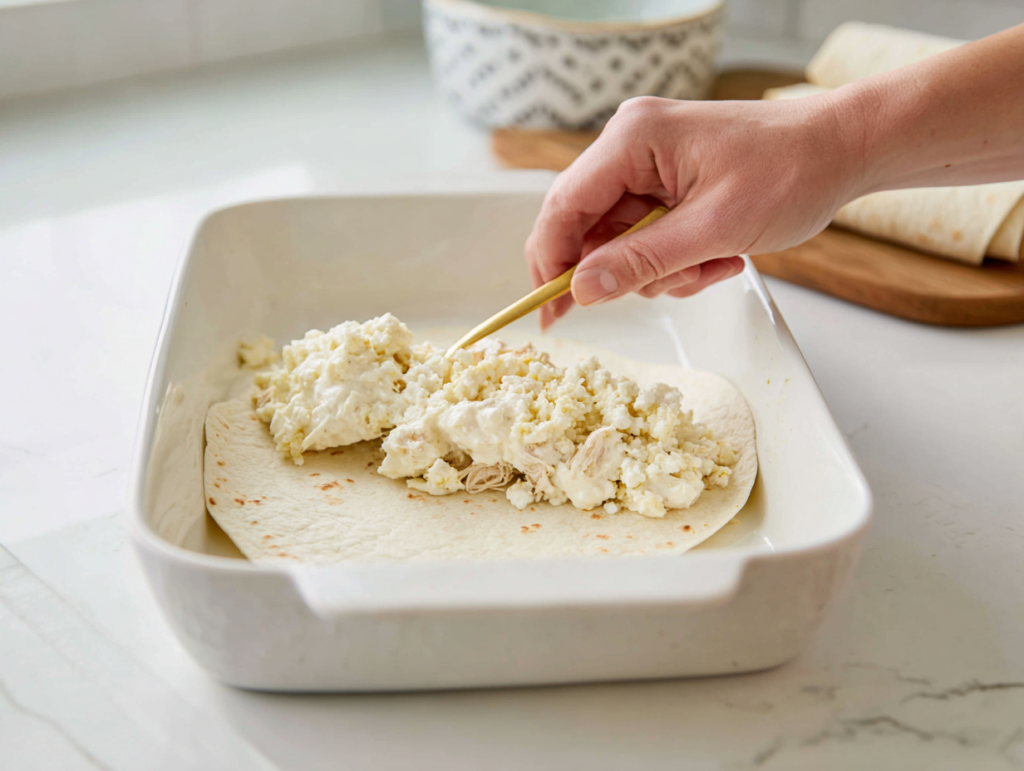 The Best Joanna Gaines Chicken Enchiladas 6 Spooning creamy chicken filling onto a flour tortilla to make Joanna Gaines Chicken Enchiladas, with rolled enchiladas in a baking dish in the background
