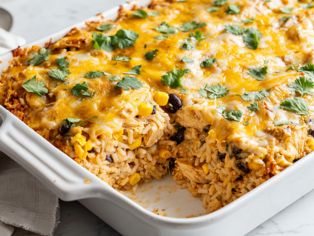 Southwest Cream Cheese Chicken Casserole in a white baking dish with melted cheese and fresh cilantro