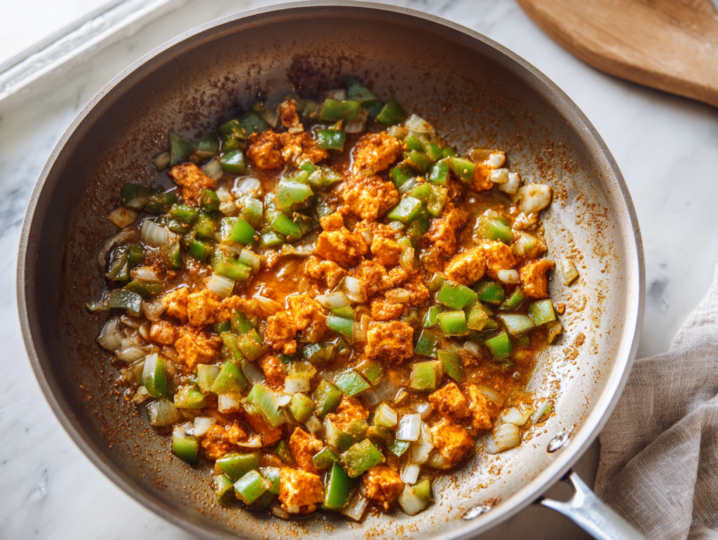 Cream cheese melting into seasoned vegetables in a skillet for Southwest chicken casserole