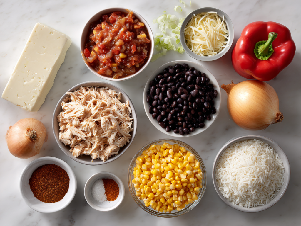 Key ingredients for Southwest Cream Cheese Chicken Casserole laid out on a white counter