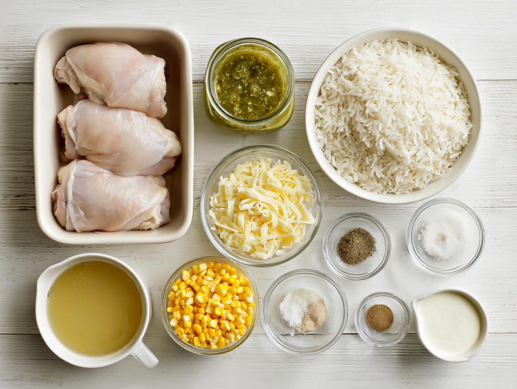 salsa verde chicken and rice bake ingredients laid out on a white counter, top-down view