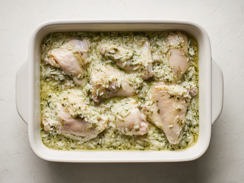 raw chicken thighs nestled into salsa verde and rice mixture in a white baking dish, ready for the oven, top-down view