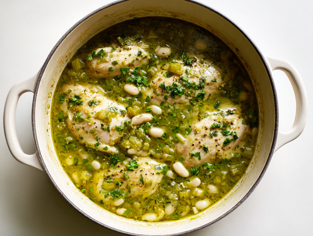 Salsa verde chicken soup simmering in a large pot on the stovetop with chicken breasts and beans.