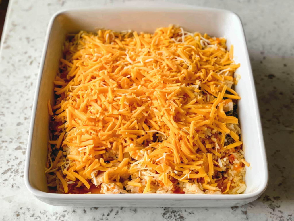 Unbaked Southwest Cream Cheese Chicken Casserole topped with shredded cheese ready for the oven