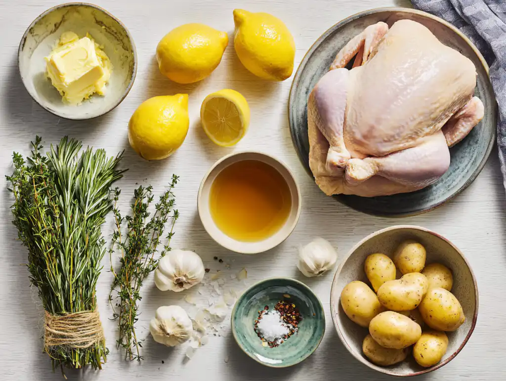 Fresh ingredients for Herb Roasted Lemon Chicken including a whole chicken, lemons, fresh herbs, butter, and baby potatoes on a wooden surface.