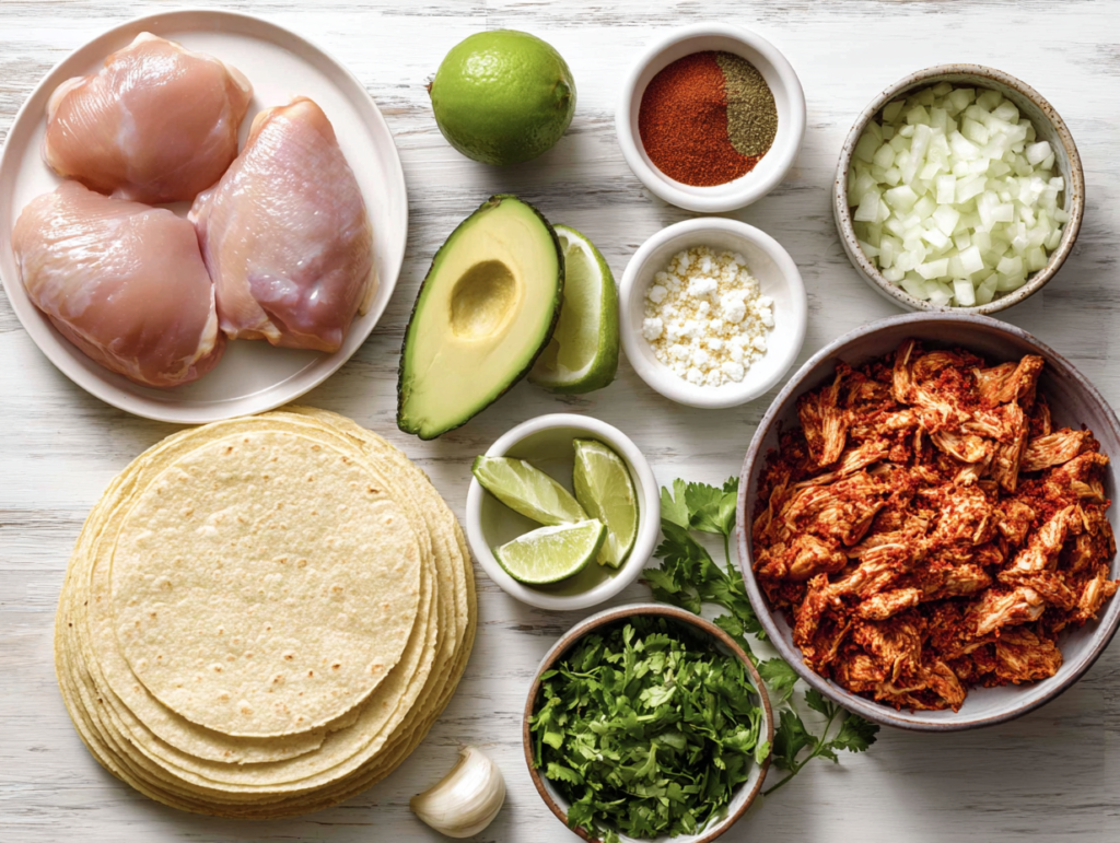 Key ingredients for Mexican Street Tacos laid out on a white kitchen counter, including chicken thighs, fresh limes, garlic, spices, small corn tortillas, white onion, cilantro, and cotija cheese.