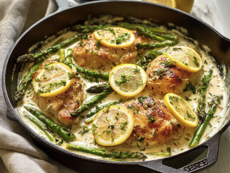 Creamy Lemon Chicken With Asparagus 7 A cast iron skillet featuring seared chicken and fresh asparagus in a creamy lemon garlic sauce, garnished with parsley and lemon slices.