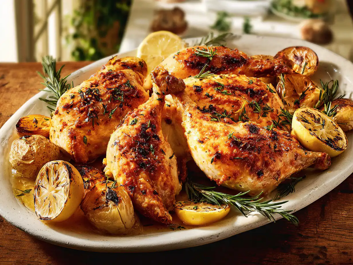 A whole golden-brown Herb-Roasted Lemon Chicken surrounded by roasted potatoes and fresh herbs on a white platter.