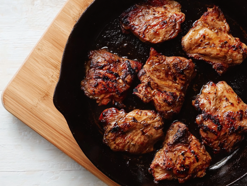 Marinated chicken thighs cooking in a cast iron skillet, golden and slightly charred at the edges, for authentic Mexican Street Tacos.