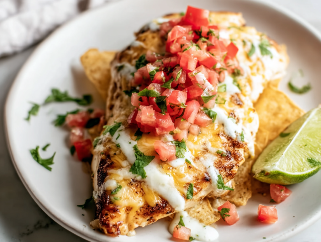 Fiesta Lime Chicken on a white plate with melted Colby Jack cheese, creamy Mexican ranch sauce, fresh pico de gallo, and crushed tortilla chips.