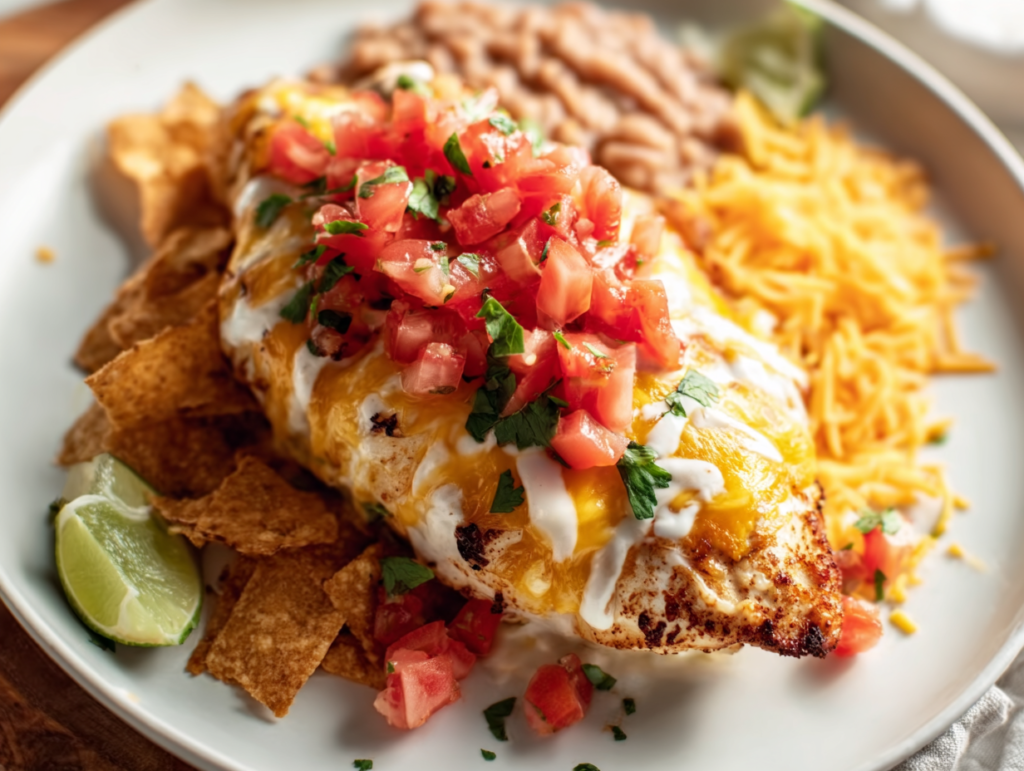 A white dinner plate with Fiesta Lime Chicken, crushed tortilla chips, Mexican rice, and refried beans on a warm wooden kitchen counter.
