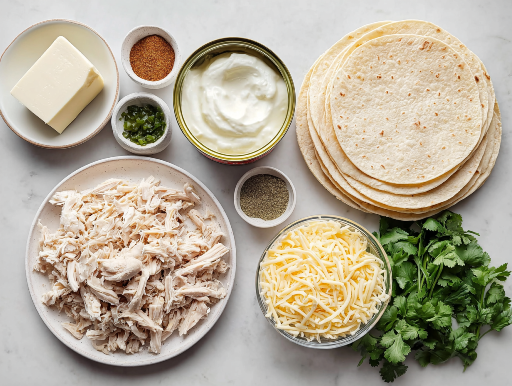 Key ingredients for Green Chicken Enchiladas on a white kitchen counter, including shredded chicken, cream cheese, sour cream, corn tortillas, green enchilada sauce, shredded cheese, and spices.
