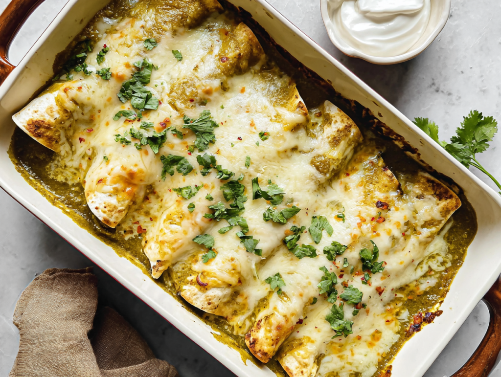 Green Chicken Enchiladas in a white ceramic baking dish, covered in tangy green enchilada sauce and golden bubbling cheese, garnished with fresh cilantro and sour cream