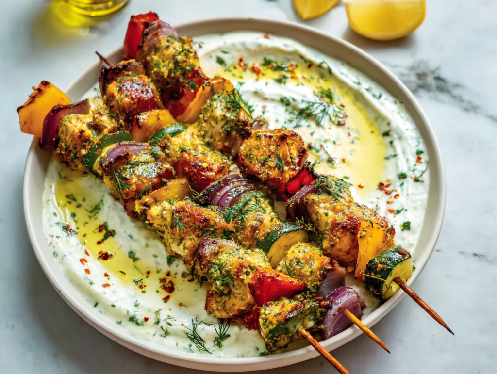 Air Fryer Greek Chicken Kabobs on a white plate with golden herby chicken, bell peppers, zucchini, red onion, garnished with fresh parsley, lemon wedges, and a plate of Greek tzatziki sauce