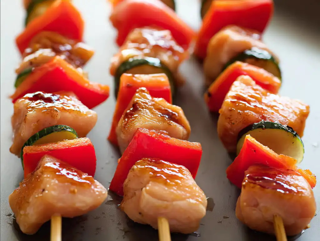 Threading marinated chicken and bell pepper onto a skewer on a white table during preparation.