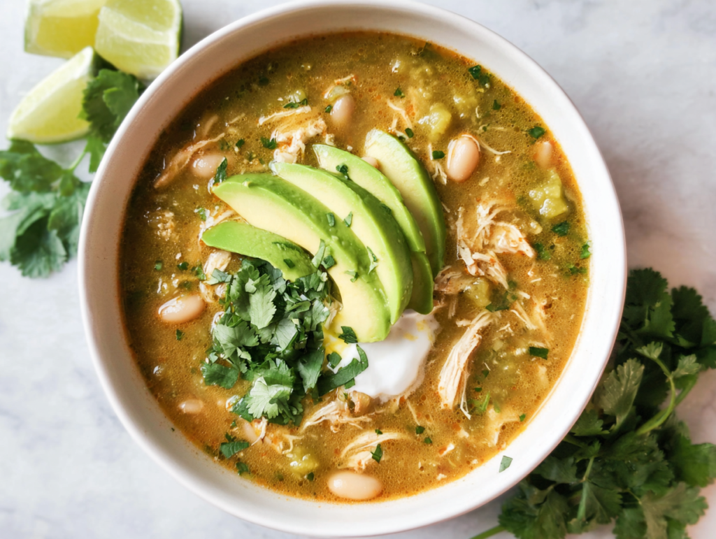 A bowl of easy salsa verde chicken soup topped with avocado and cilantro.