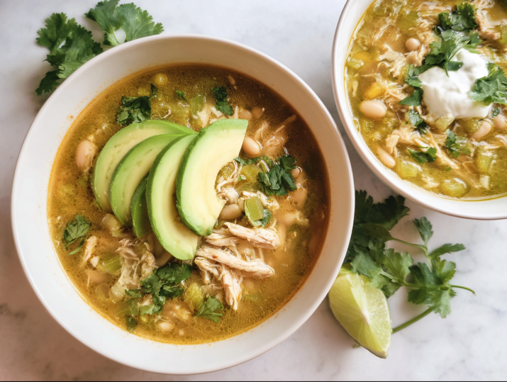 Two bowls of easy salsa verde chicken soup served with different toppings including avocado, sour cream, and tortilla strips.