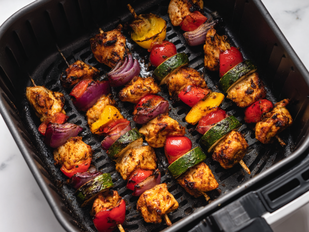 Air fryer chicken kabobs with colorful vegetables arranged in an air fryer basket, golden and slightly charred, ready to serve.